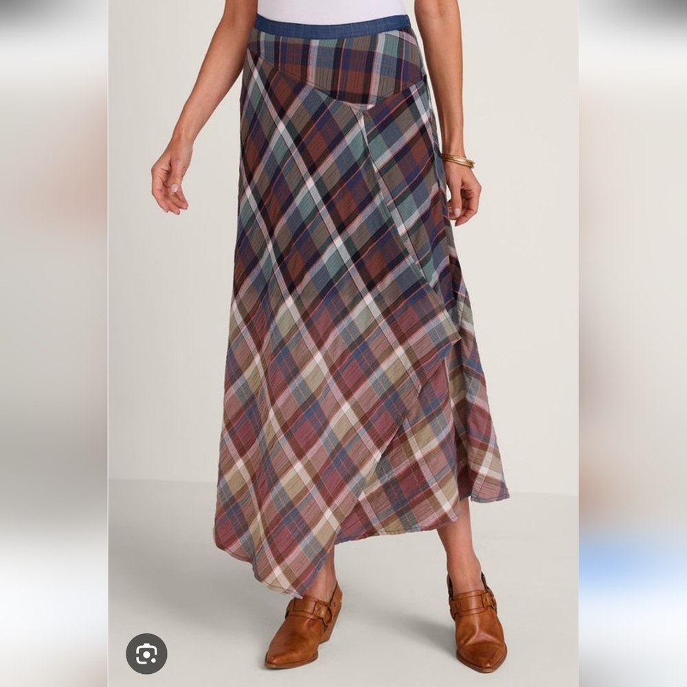 Soft Surroundings Artist Skirt Forest Wash Tan Green Plaid Midi Skirt